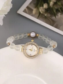 Relógio de Pulseira de Cristal Transparente e Pérola da Moda Feminina, Relógio de Quartzo com Mostrador Redondo Fofo, Pulseira de Strass, Pérola e Gema, Joias de Metal