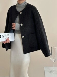 Warm For Spring, Women's Elegant Korean Style Small Fragrance Coat – Loose Fit, Single-Breasted, Round Neck, Double-Faced Wool. - Black - View 7