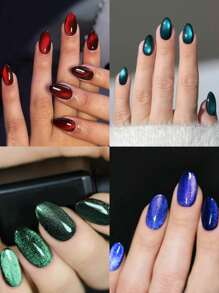 98 Stück/Box (4 gemischte) Y2K kurze ovale glänzende ästhetische blutrot-kristallene Katzenauge Französisch Spitze Aufklebe-Nägel in Mandelform mit Herzmuster Design, perfekt passend, Acryl Kunstnägel Set, inklusive 1 Stück Gelee Kleber und 1 Stück Nagelfeile, rote Nägel für Frauen & Mädchen für täglichen Gebrauch, Rave-Party Verwendung, Nagelbedarf