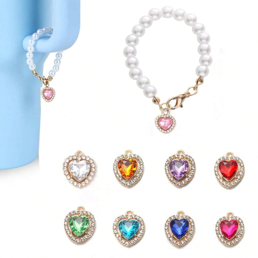 1 pezzo/2 pz Ciondolo per tazza in cristallo a forma di cuore scintillante, decorazione regolabile con perla finta, accessorio per tazza, regalo per Natale, Capodanno, San Valentino, Festa della Mamma