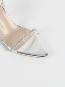 女士时尚优雅银色尖头亮片水钻装饰透明踝带粗跟凉鞋，迷人高跟鞋适合派对、婚礼、约会、通勤，7.5 厘米高 - 銀色 - 查看 8