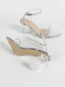 女士时尚优雅银色尖头亮片水钻装饰透明踝带粗跟凉鞋，迷人高跟鞋适合派对、婚礼、约会、通勤，7.5 厘米高 - 銀色 - 查看 6