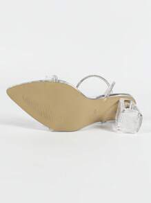 女士时尚优雅银色尖头亮片水钻装饰透明踝带粗跟凉鞋，迷人高跟鞋适合派对、婚礼、约会、通勤，7.5 厘米高 - 銀色 - 查看 9