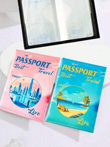 1pc Fashionable Cartoon Landscape Print Passport Cover, PU Leather Sunset Beach Scenery Print Pattern Card Holder Case, Minimalist & Portable Couples Passport Wallet, Travel Essential