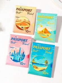 1pc Fashionable Cartoon Landscape Print Passport Cover, PU Leather Sunset Beach Scenery Print Pattern Card Holder Case, Minimalist & Portable Couples Passport Wallet, Travel Essential