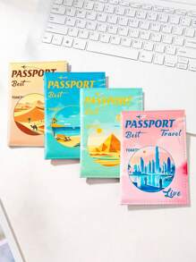 1pc Fashionable Cartoon Landscape Print Passport Cover, PU Leather Sunset Beach Scenery Print Pattern Card Holder Case, Minimalist & Portable Couples Passport Wallet, Travel Essential