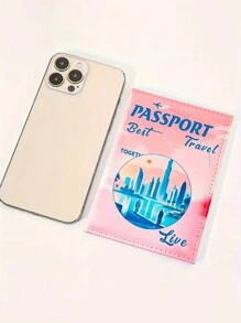 1pc Fashionable Cartoon Landscape Print Passport Cover, PU Leather Sunset Beach Scenery Print Pattern Card Holder Case, Minimalist & Portable Couples Passport Wallet, Travel Essential