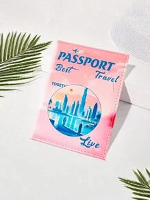 1pc Fashionable Cartoon Landscape Print Passport Cover, PU Leather Sunset Beach Scenery Print Pattern Card Holder Case, Minimalist & Portable Couples Passport Wallet, Travel Essential