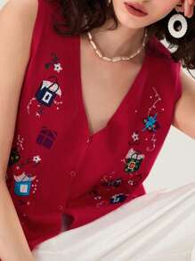 Women's Autumn Winter Sweater Vest V Neck Christmas Pattern Print Button Up Knit Tank Tops - Burgundy - View 3