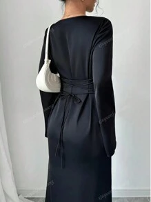 Women's Elegant Solid Color Draped Collar Flared Sleeve Arabic Style Dress