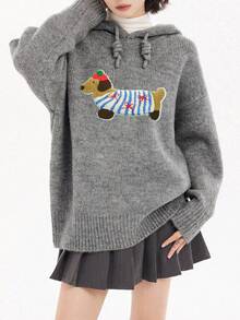 Casual Cute Dog Pattern Hooded Sweater, Autumn/Winter - Grey - View 3