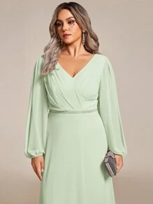 EVER-PRETTY Plus Elegant Chiffon Long Sleeve V Neck Rhinestone Decor Dresses For Bridesmaid Evening Dresses