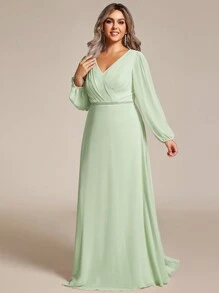 EVER-PRETTY Plus Elegant Chiffon Long Sleeve V Neck Rhinestone Decor Dresses For Bridesmaid Evening Dresses