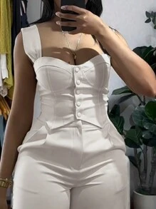 2 Piece Thick Strap Button Front Slim Fit Tank Top High Waist Wide Leg Pants Casual Outfit Set - Apricot - View 6