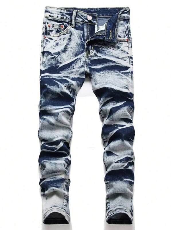 Tween Boys' Fashionable Washed Terrain Print Denim Jeans