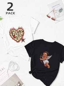Heart Flames I Hate Love 180g 2pcs Set Pure Cotton Women's T-Shirt Comfort Fit - Black-white - View 1