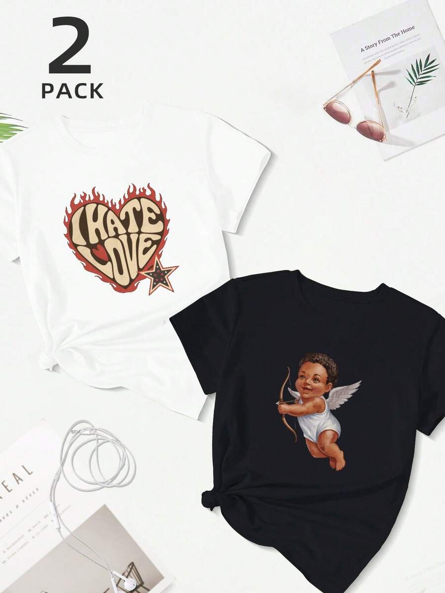 Heart Flames I Hate Love 180g 2pcs Set Pure Cotton Women's T-Shirt Comfort Fit - Black-white - View 1