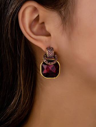 1 Pair Elegant Geometric Cubic Purple Rhinestone Earrings, Fashionable & Minimalist Design Suitable For Women's Daily Wear Or Gift