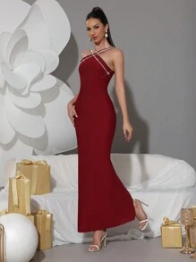 新款重磅链条水晶水钻绷带紧身长裙，性感派对礼服