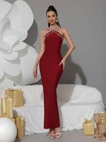 新款重磅链条水晶水钻绷带紧身长裙，性感派对礼服