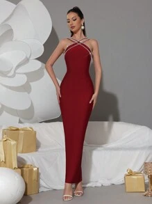 新款重磅链条水晶水钻绷带紧身长裙，性感派对礼服