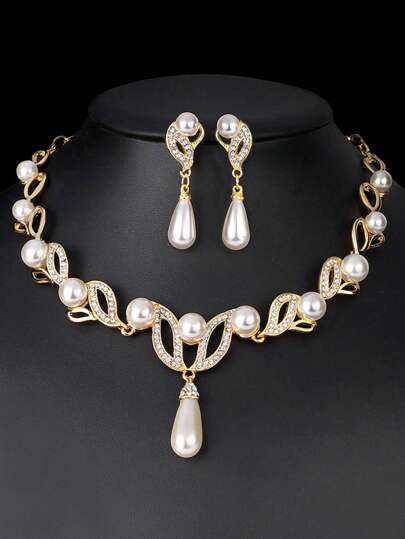 3件套镀金珍珠项链+仿珍珠耳环首饰套装，女士婚礼耳环套装，珍珠耳钉，3种颜色可选（金色、银色）