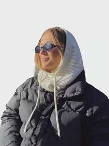 1pc Women's Black Balaclava Hat With Drawstring Detachable Collar, Wool Bareshoulders Hat For Outdoor Skiing, Knitted Face & Neck Protective Hood Cape, Suitable For Winter - Black - View 4