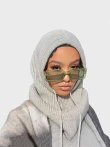 1pc Women's Black Balaclava Hat With Drawstring Detachable Collar, Wool Bareshoulders Hat For Outdoor Skiing, Knitted Face & Neck Protective Hood Cape, Suitable For Winter - Black - View 3