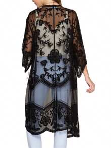 Women Casual Beachwear Cardigan, Solid Color 3/4 Sleeve See-Through Embroidery Flower Cover-Up - 黑色 - 查看 2
