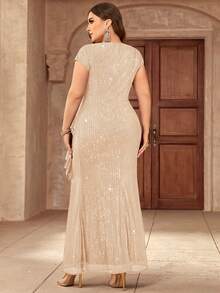 Plus Sweetheart Full Sequin Ruffle Trim Split Evening Party Long Dress, Formal Gown, Wedding Guest Dress, For Prom, Birthday, Graduation, Dinner - Champagne - View 3