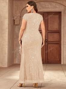 Plus V Neck Full Sequin Ruffle Trim Split Evening Party Long Dress, Wedding Guest Dress, Formal Dress,Gown