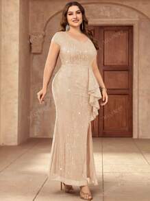 Plus V Neck Full Sequin Ruffle Trim Split Evening Party Long Dress, Wedding Guest Dress, Formal Dress,Gown