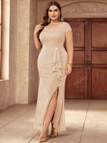 Plus V Neck Full Sequin Ruffle Trim Split Evening Party Long Dress, Wedding Guest Dress, Formal Dress,Gown
