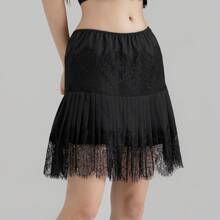 Women Y2K Black White Lace Mini Skirt Low Rise Half Slip Underskirt Ruffle Pleated Layered Flowy Short Skirts - 黑色 - 查看 2
