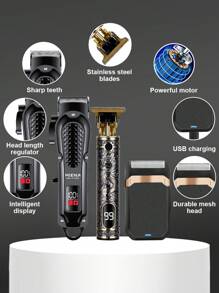 HIENA Conjunto profesional de 1/2/3 piezas de recortadora eléctrica para el cabello de hombre HIENA - Recargable por USB, recortadora inalámbrica de barba y kit de peinado, opción de barbero y estilista, regalo perfecto para el Día del Padre, regalo navideño