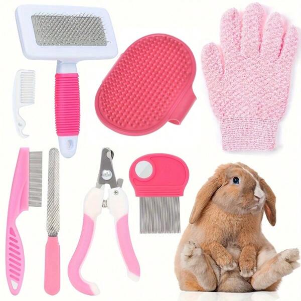 Set de 8 piezas de kit de aseo para conejos rosados que incluye cortauñas, peine antipulgas, cepillo de baño de champú y guantes de masaje - de material PP duradero para mascotas pequeñas