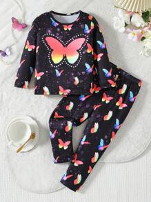 Bộ đồ ngủ 2 món gồm áo dài tay họa tiết bướm phát sáng trong bóng tối và quần dài cho bé gái (Phát sáng dưới đèn UV), mùa xuân/thu - trái cam - Xem 3