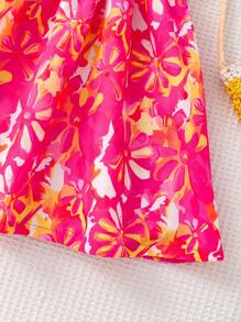 Young Girl Summer Fashion Elegant Ditsy Floral Spaghetti Strap Tie Waist Dress, Full Print Sleeveless Summer Dress, Comfortable Soft Casual Dresses, Children Party Outdoor Spring Casual Wear