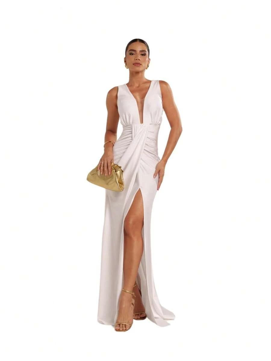 Vestido Yris Trilobal Fenda Lateral Longo Festa Madrinha