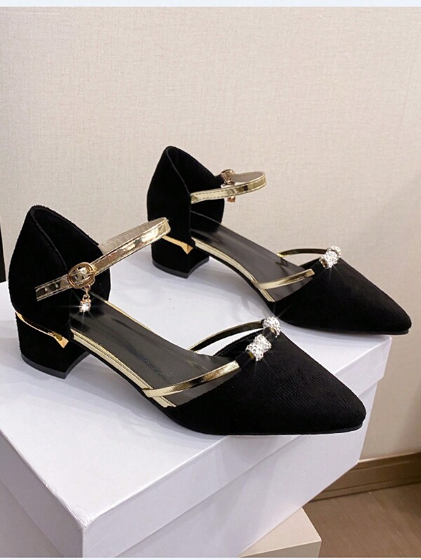 Women's Solid Color High Heel Pumps With Rhinestone Decoration, Pointed Toe Slip-On Mid Chunky Heel Dress Shoes, Black Strap Buckle Low Platform Soft Bottom Work Pumps, Party & Wedding Heels