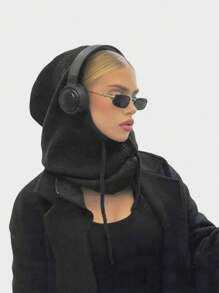 1pc Women's Black Balaclava Hat With Drawstring Detachable Collar, Wool Bareshoulders Hat For Outdoor Skiing, Knitted Face & Neck Protective Hood Cape, Suitable For Winter - Black - View 10