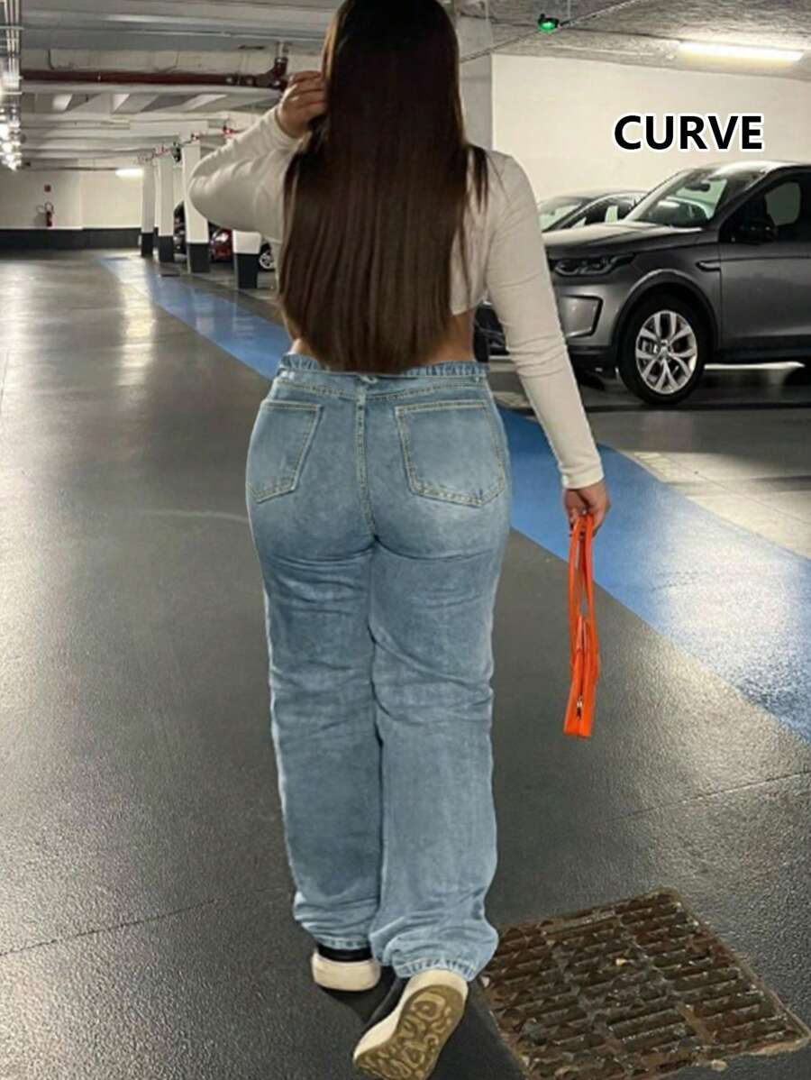 European And American New Women's Plus Size Boyfriend Jeans Ripped Straight Leg Washed Mid-Rise Loose Jeans - 淺色水洗藍 - 查看 1