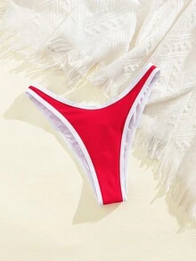 全新纯色高腰优雅派对比基尼泳裤，夏季女士时尚沙滩比基尼 - 紅色 - 查看 3