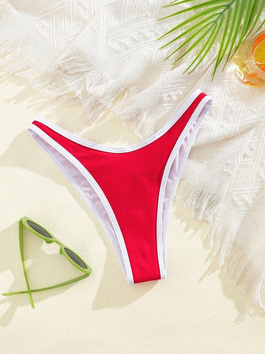 全新纯色高腰优雅派对比基尼泳裤，夏季女士时尚沙滩比基尼 - 紅色 - 查看 1