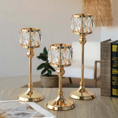Set Of 3 Crystal Candle Holders - 3 Sizes, Gold/Silver/Metal Tea Light Candle Holders Suitable For Wedding Centerpieces, Table Decorations, Fireplace Decorations And Home Decor Candle Holder Decoration Set,Valentine's Day,Valentines,Valentines Candles Gifts Birthday Graduation