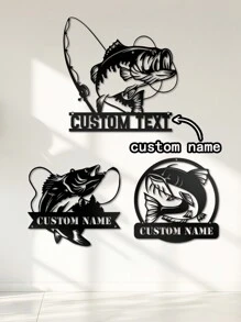 1 Pc Customizable Text Fishing Art Metal Wall Decoration With Personalized Name Logo For Farmhouse, Patio, Porch, Fishing Art Decor, Unique Gift Ideas Decorative, Delicate, Fashion, Contracting, Vintage Customization, Personalized, Unique Ideal Gift For His Anniversary, Family, Friends Gifts Birthday Graduation, Christmas Gift Supplies - Black - View 1