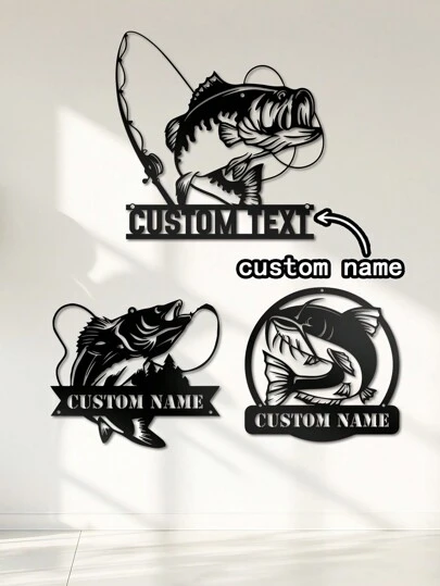 1 Pc Customizable Text Fishing Art Metal Wall Decoration With Personalized Name Logo For Farmhouse, Patio, Porch, Fishing Art Decor, Unique Gift Ideas Decorative, Delicate, Fashion, Contracting, Vintage Customization, Personalized, Unique Ideal Gift For His Anniversary, Family, Friends Gifts Birthday Graduation, Christmas Gift Supplies