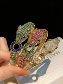1pc Luxury Multicolor Cubic Zirconia Leopard Pattern Elegant Copper Bangle Bracelet, Gift For Mom, Formal Event Accessory