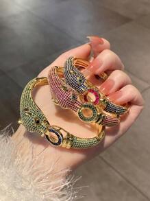 1pc Luxury Multicolor Cubic Zirconia Leopard Pattern Elegant Copper Bangle Bracelet, Gift For Mom, Formal Event Accessory