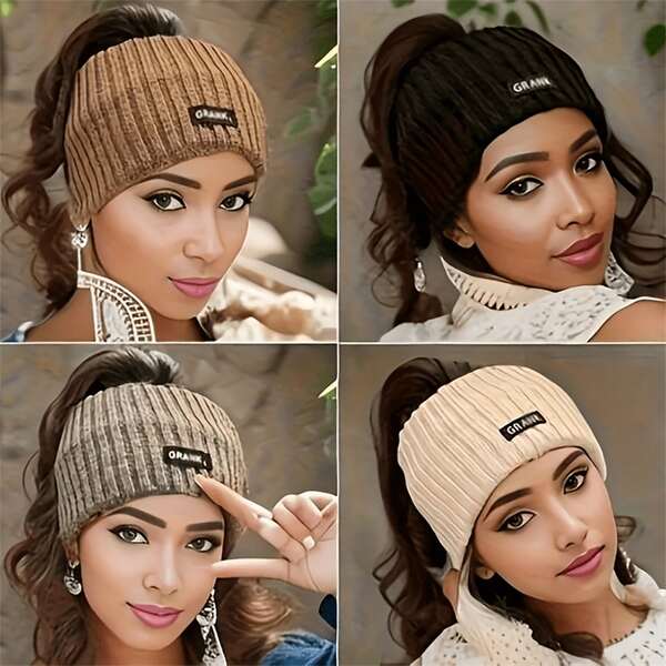 1pc/4pcs Women's Knitted Warm Sports Headband Scarf, Letter Wide Edge Yarn Hat Headband, Ponytail Hair Tie Hair Accessory